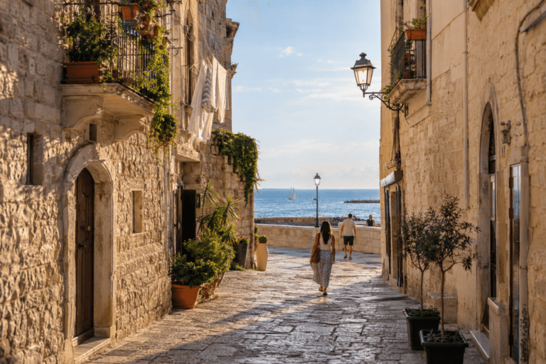 Photorealistic pale-stone lane in Bari Vecchia opening toward the Adriatic Sea with balconies and pedestrians