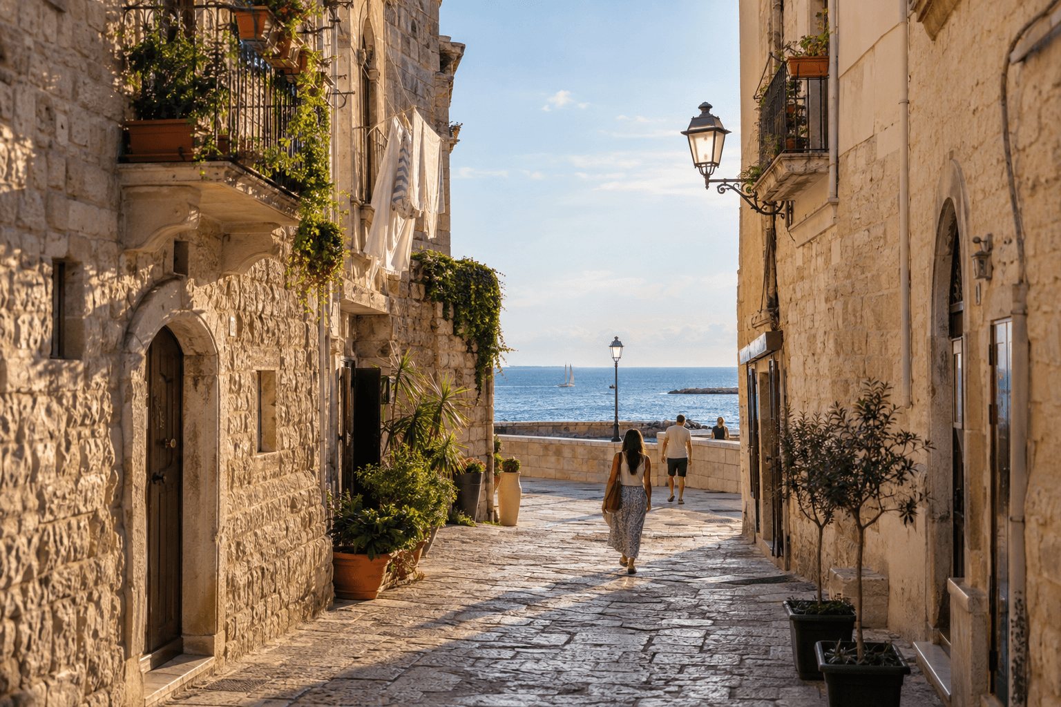 Photorealistic pale-stone lane in Bari Vecchia opening toward the Adriatic Sea with balconies and pedestrians
