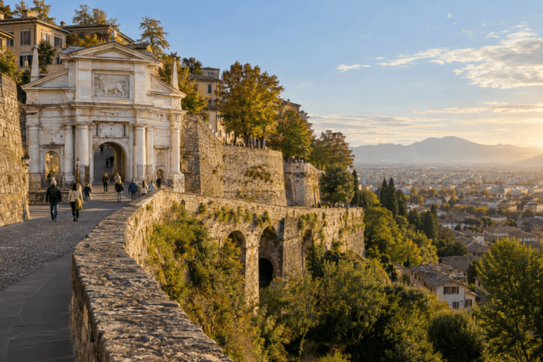 Photorealistic view of Porta San Giacomo and the Venetian Walls in Bergamo with pedestrians and the lower city beyond