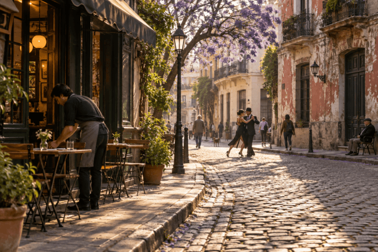 Golden morning on a cobbled San Telmo street in Buenos Aires with café tables and tango dancers