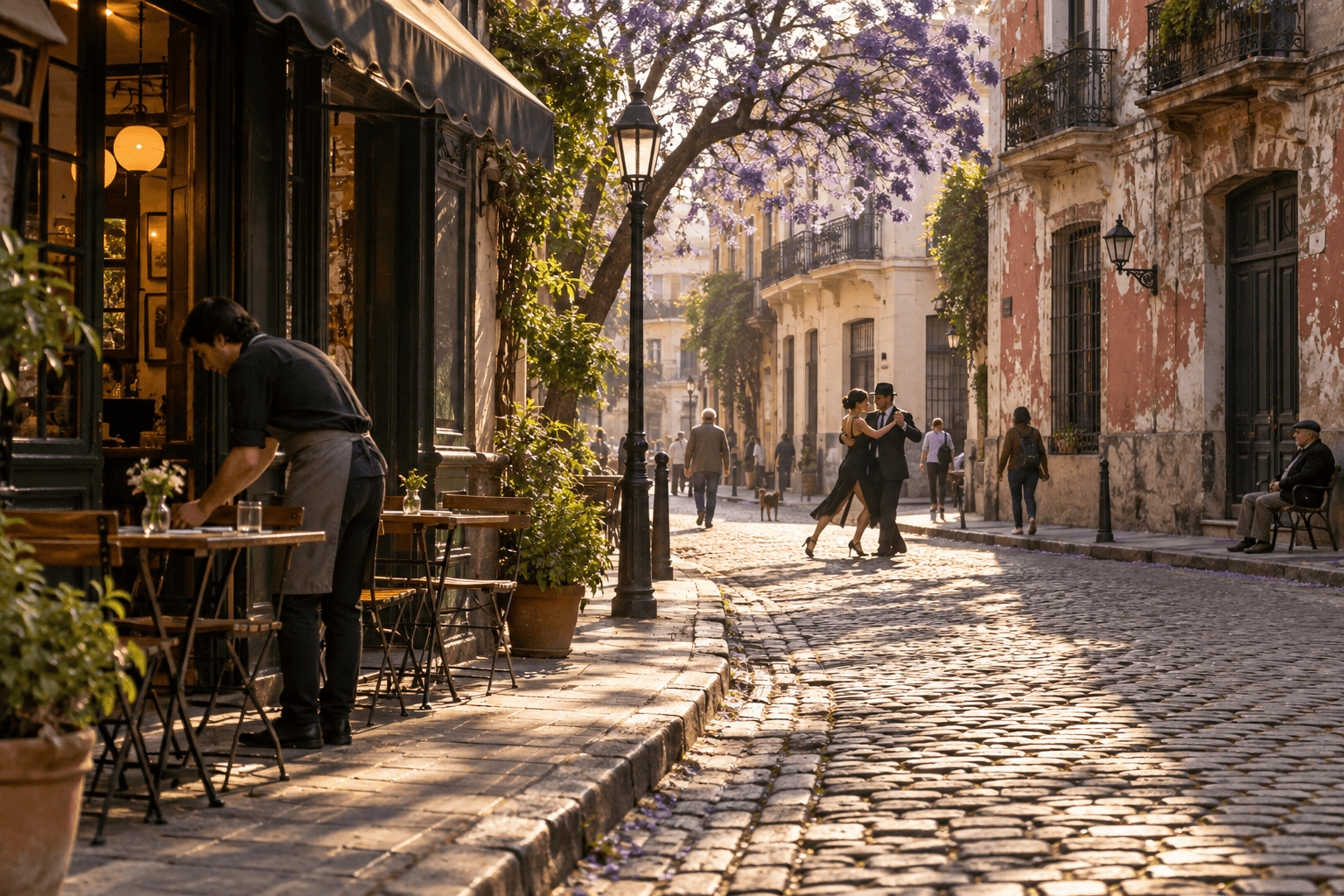 Golden morning on a cobbled San Telmo street in Buenos Aires with café tables and tango dancers