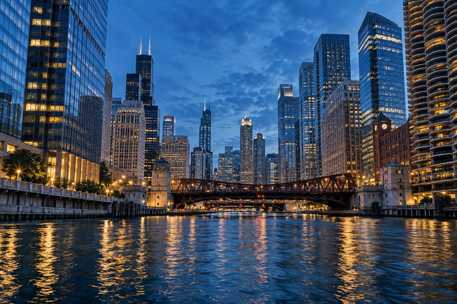 Chicago skyscrapers and a steel bridge reflected in the river at blue hour during an architecture walk