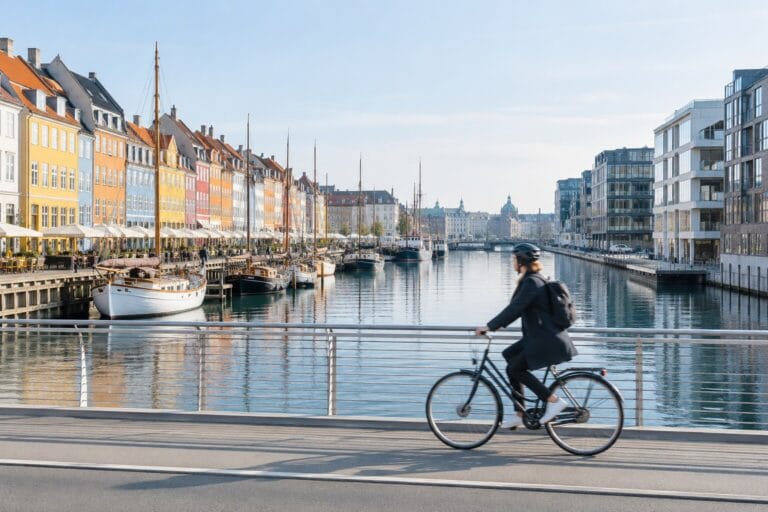 Cyclist crossing a modern Copenhagen harbour bridge with colourful Nyhavn houses, boats and calm water behind