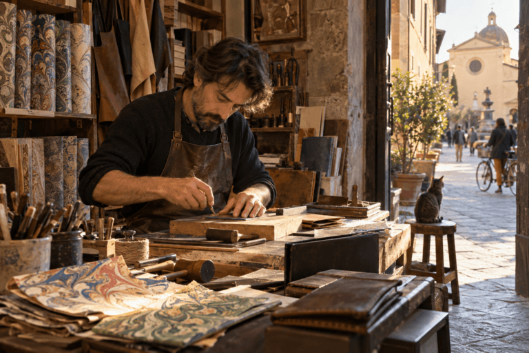 Artisan at work inside a traditional workshop in Florence’s Oltrarno district