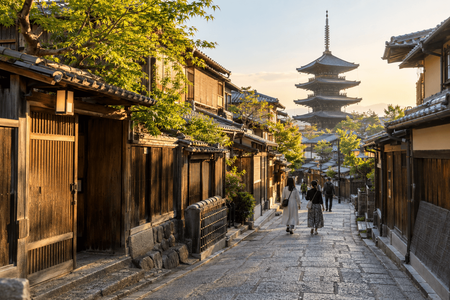 Photorealistic early-morning view of a stone-paved Higashiyama lane in Kyoto with traditional wooden houses and Yasaka Pagoda