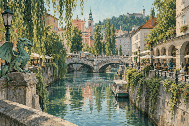 Illustrated Ljubljana riverside with Triple Bridge, café awnings, bicycles and Castle Hill in morning light