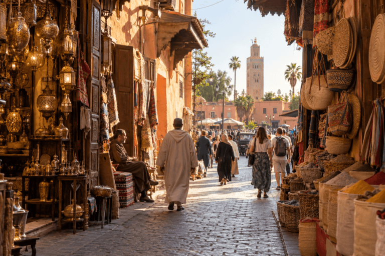 Photorealistic late-afternoon view through a Marrakech medina souk with brass lanterns, woven baskets, pedestrians and the Koutoubia minaret
