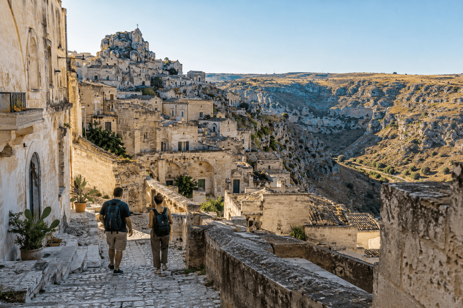 Photorealistic view of a stepped lane in Sasso Caveoso, Matera, with limestone homes, the ravine and pedestrians