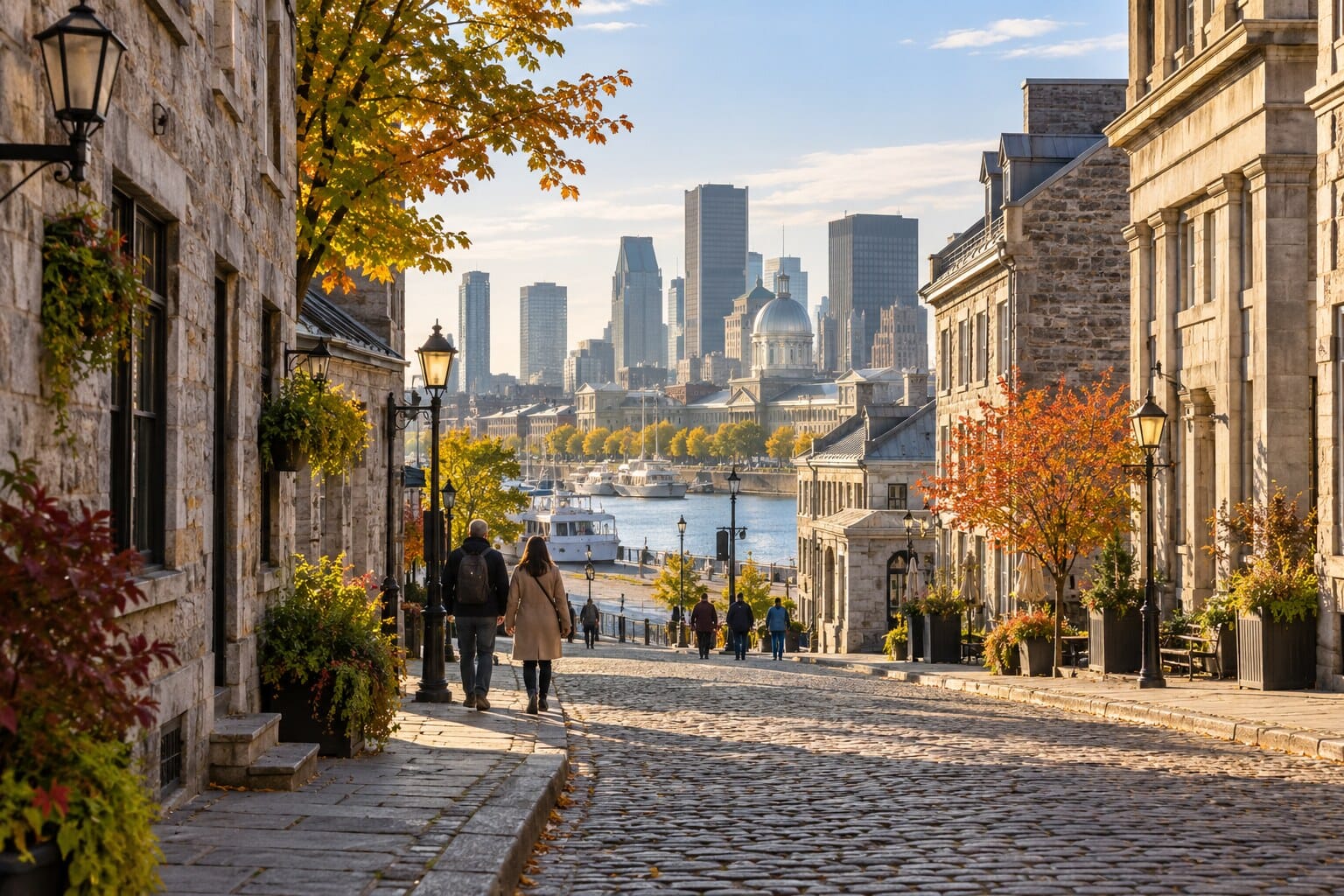 Cobblestone street in Old Montréal leading toward the old port and downtown skyline in warm autumn light