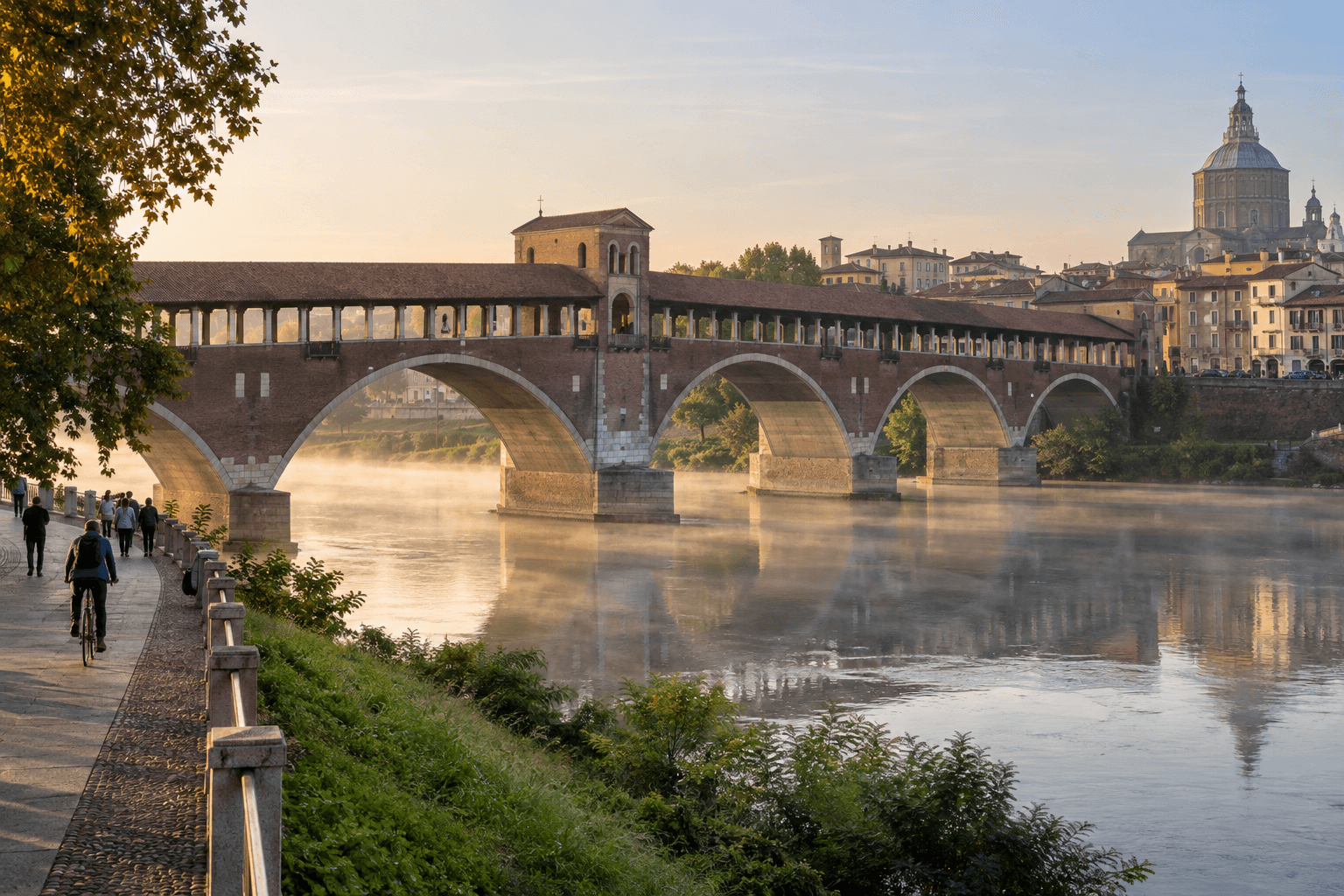 Photorealistic morning view of Pavia's Ponte Coperto over the Ticino River with light mist, walkers, a cyclist and the city skyline