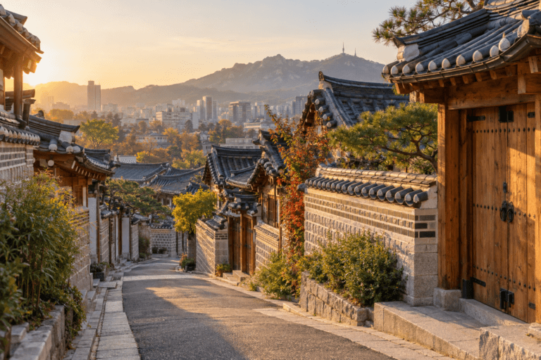 Traditional hanok houses in Bukchon, Seoul, illuminated by early morning light with Bugaksan mountain in the distance