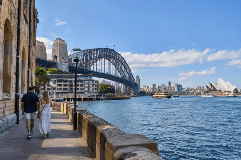 Photorealistic view of Sydney Harbour from The Rocks with the Harbour Bridge, Opera House and pedestrians