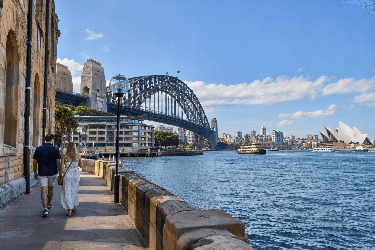 Photorealistic view of Sydney Harbour from The Rocks with the Harbour Bridge, Opera House and pedestrians