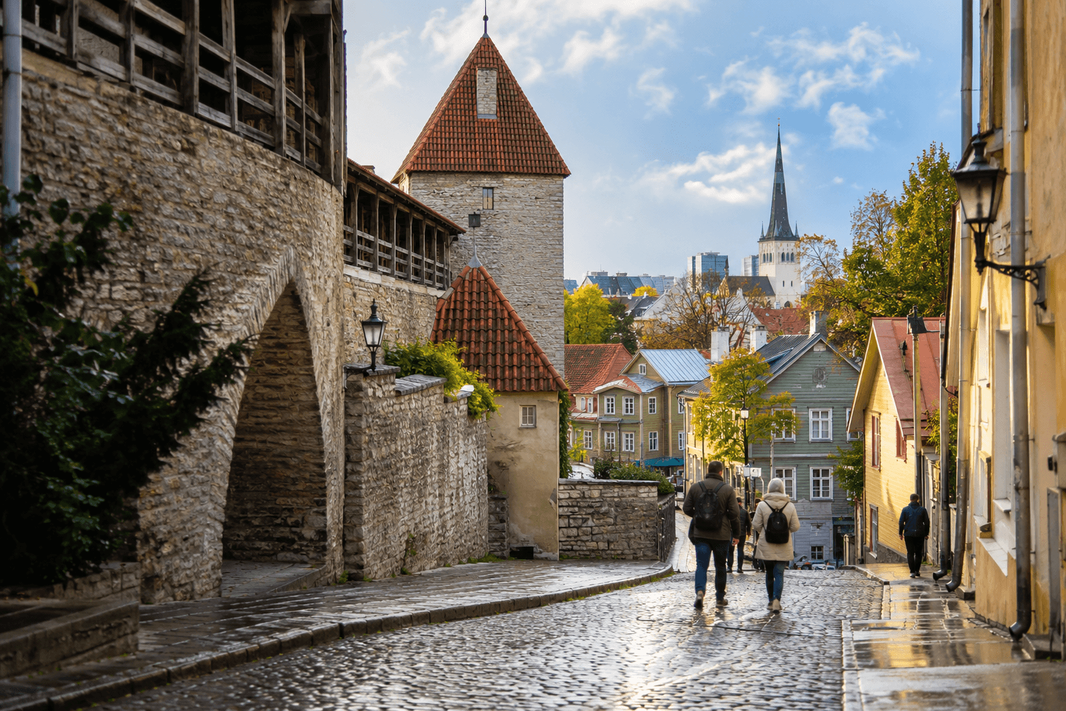 Photorealistic Tallinn street near the medieval walls with cobblestones, red roofs, wooden houses and pedestrians