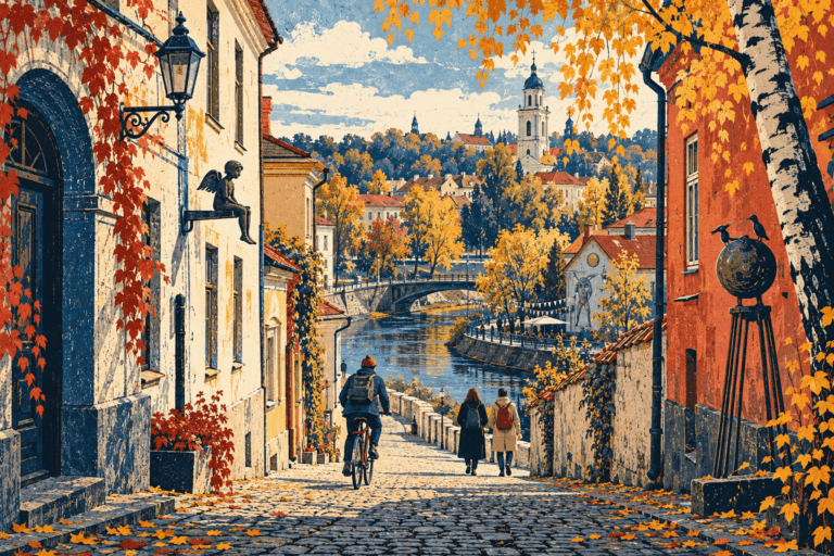 Illustrated autumn lane in Vilnius leading from the Baroque Old Town toward the Vilnelė River and artistic Užupis