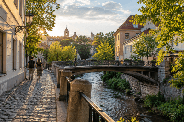 Photorealistic view across the Vilnelė River toward Užupis, with historic Vilnius architecture and pedestrians