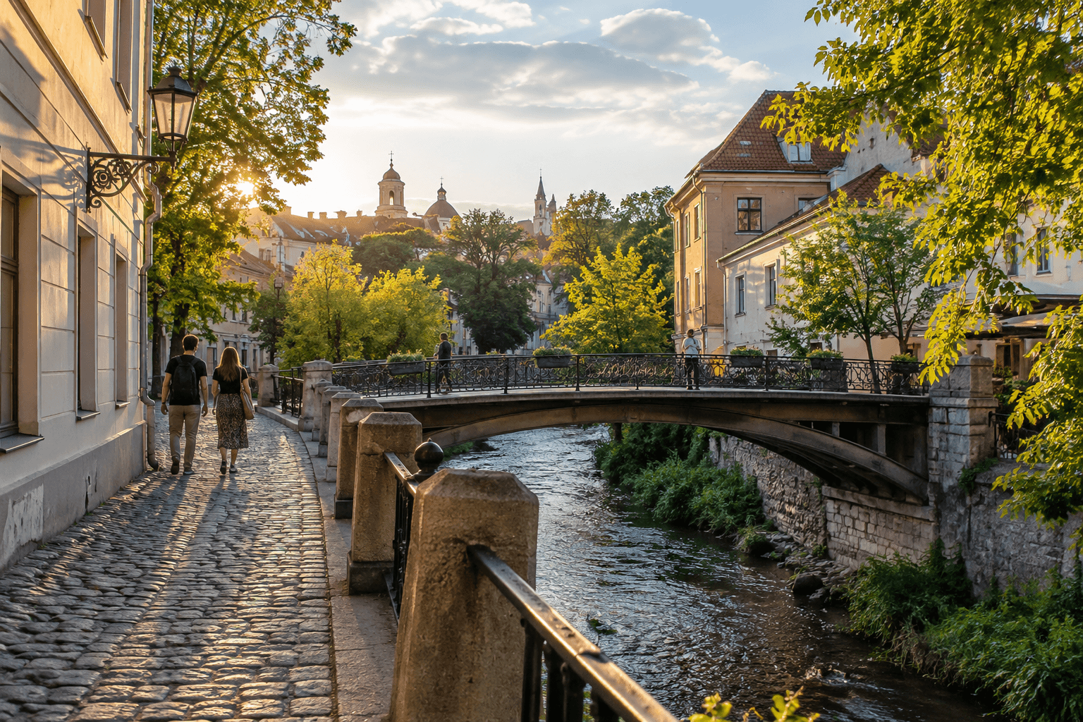 Photorealistic view across the Vilnelė River toward Užupis, with historic Vilnius architecture and pedestrians