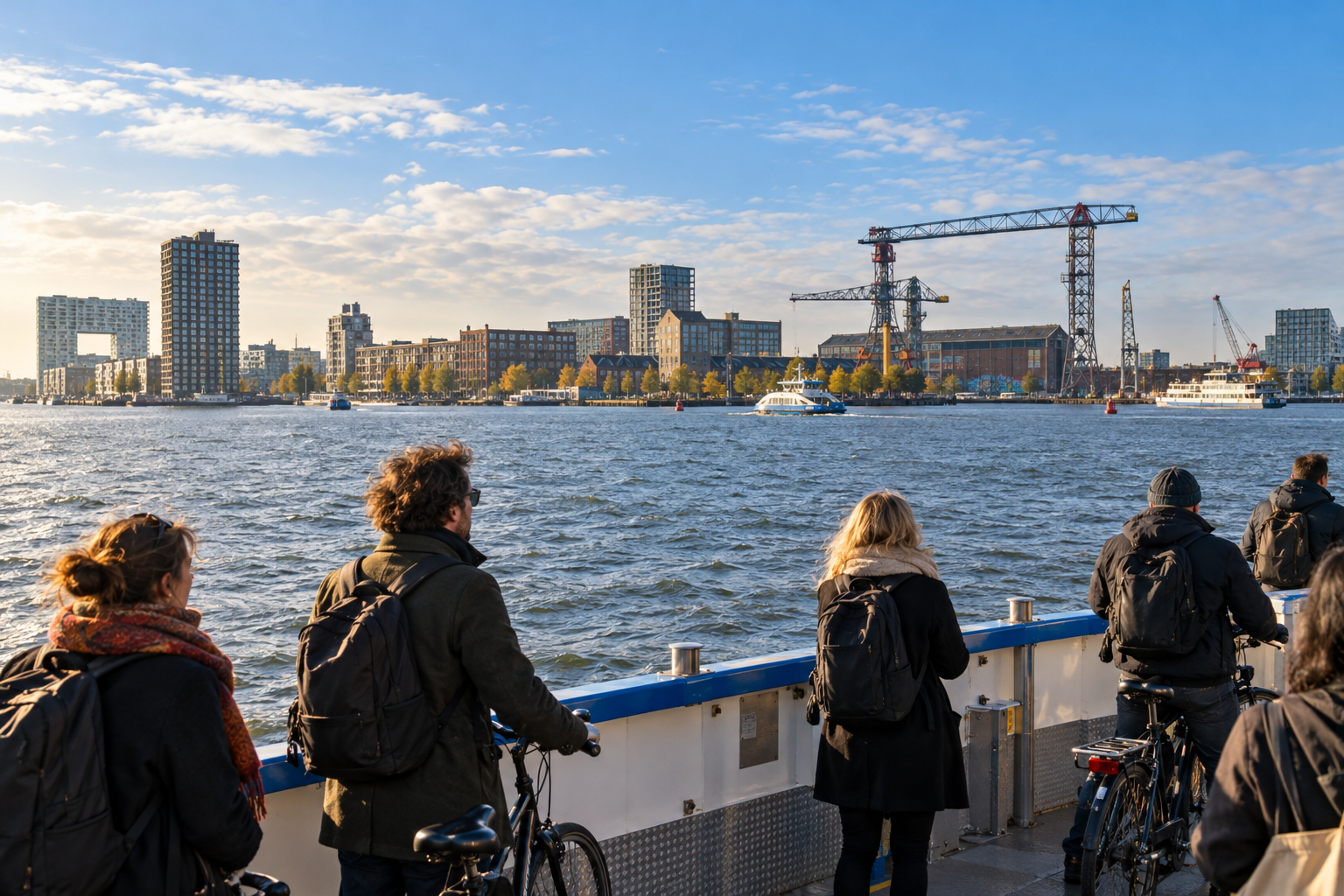 Passengers and cyclists on a free IJ ferry with Amsterdam Noord and the NDSM shipyard waterfront ahead
