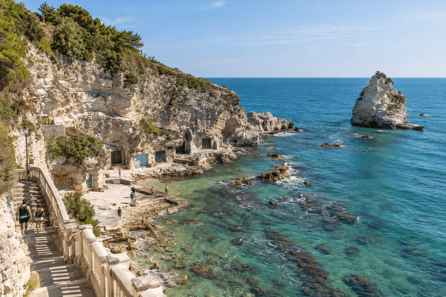 Photorealistic view of Ancona’s Passetto caves, limestone cliffs and turquoise Adriatic Sea