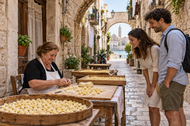 Orecchiette artesanales secándose en mesas de la calle Arco Basso de Bari