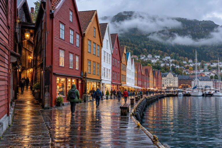 Case colorate in legno a Bryggen, Bergen, con selciato bagnato, riflessi del porto e nuvole basse sui monti