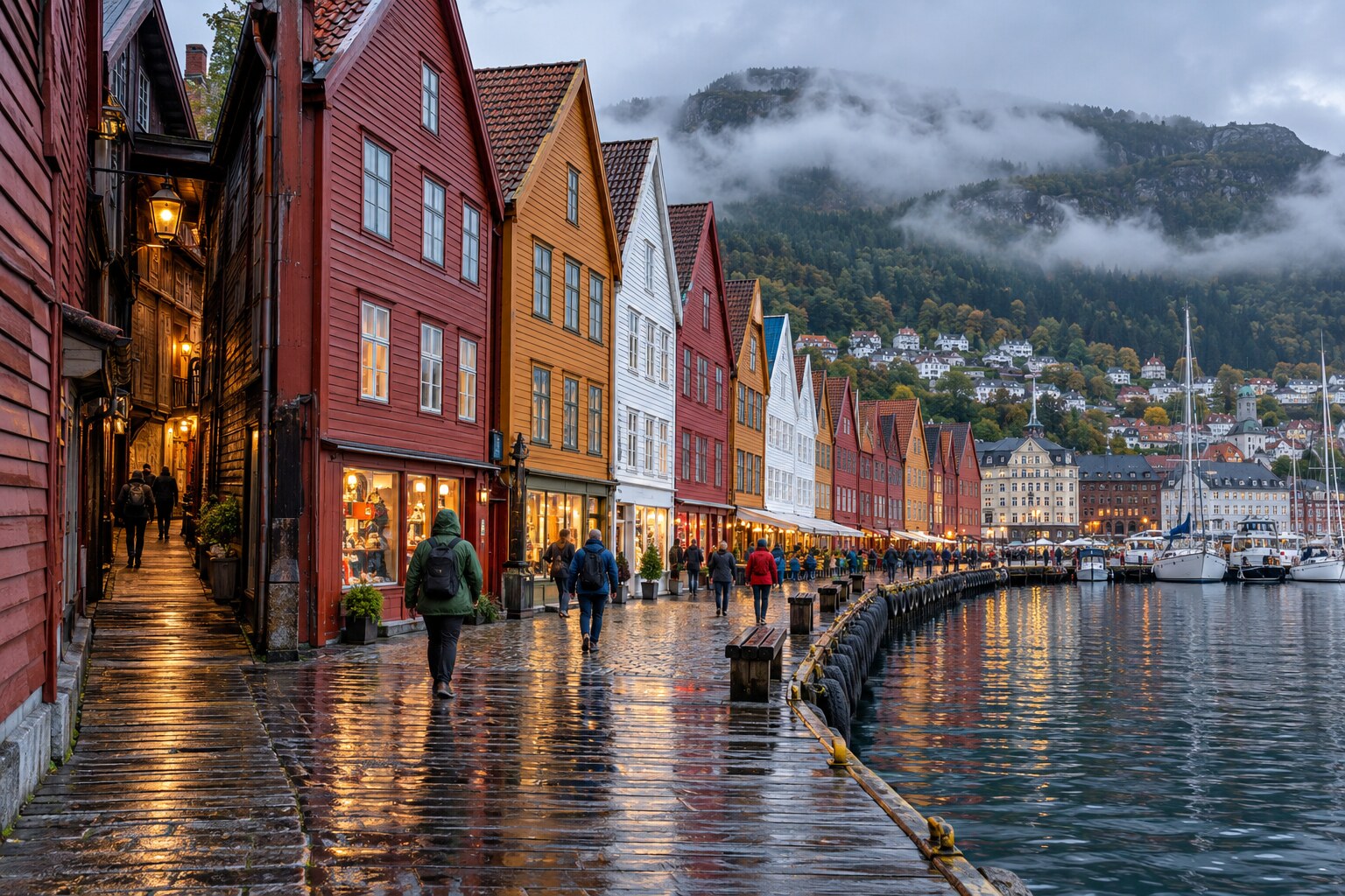 Case colorate in legno a Bryggen, Bergen, con selciato bagnato, riflessi del porto e nuvole basse sui monti