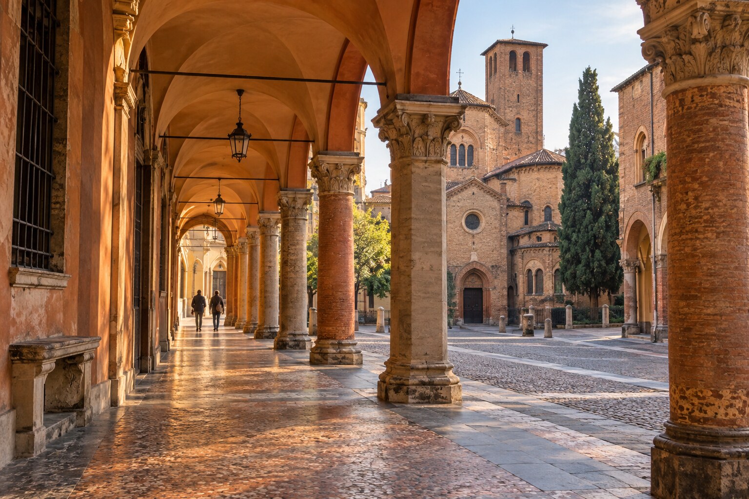 Morning light beneath Bologna’s terracotta porticoes near Piazza Santo Stefano
