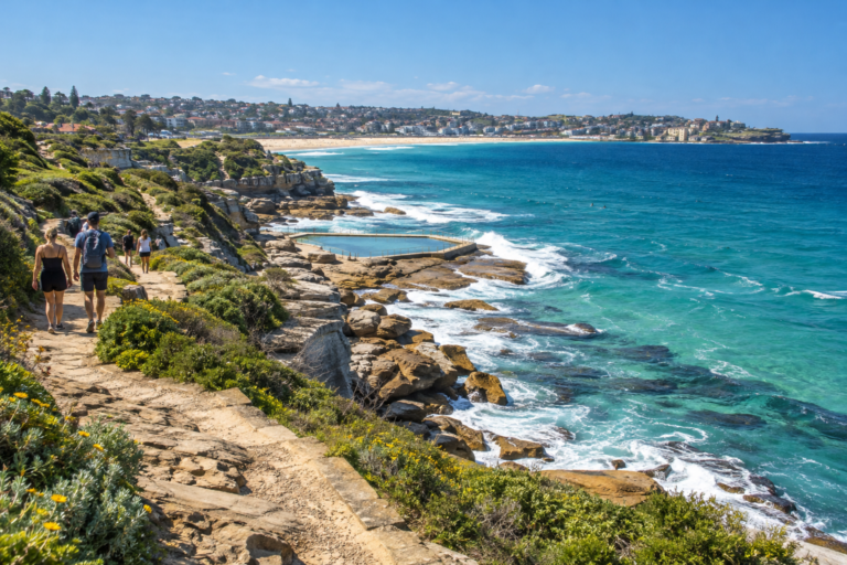 Walkers on Sydney’s sandstone coastal path above turquoise water between Bondi and Coogee