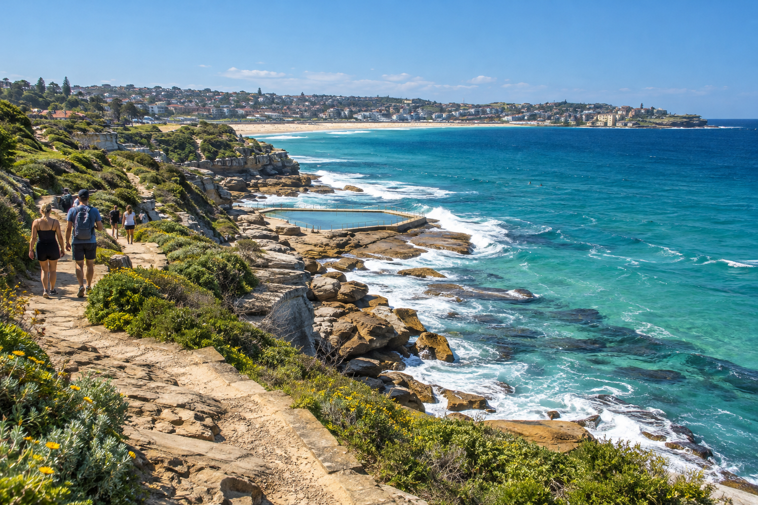 Walkers on Sydney’s sandstone coastal path above turquoise water between Bondi and Coogee