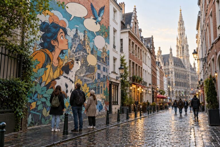 Viaggiatori osservano un murale a fumetti originale in una strada lastricata del centro di Bruxelles