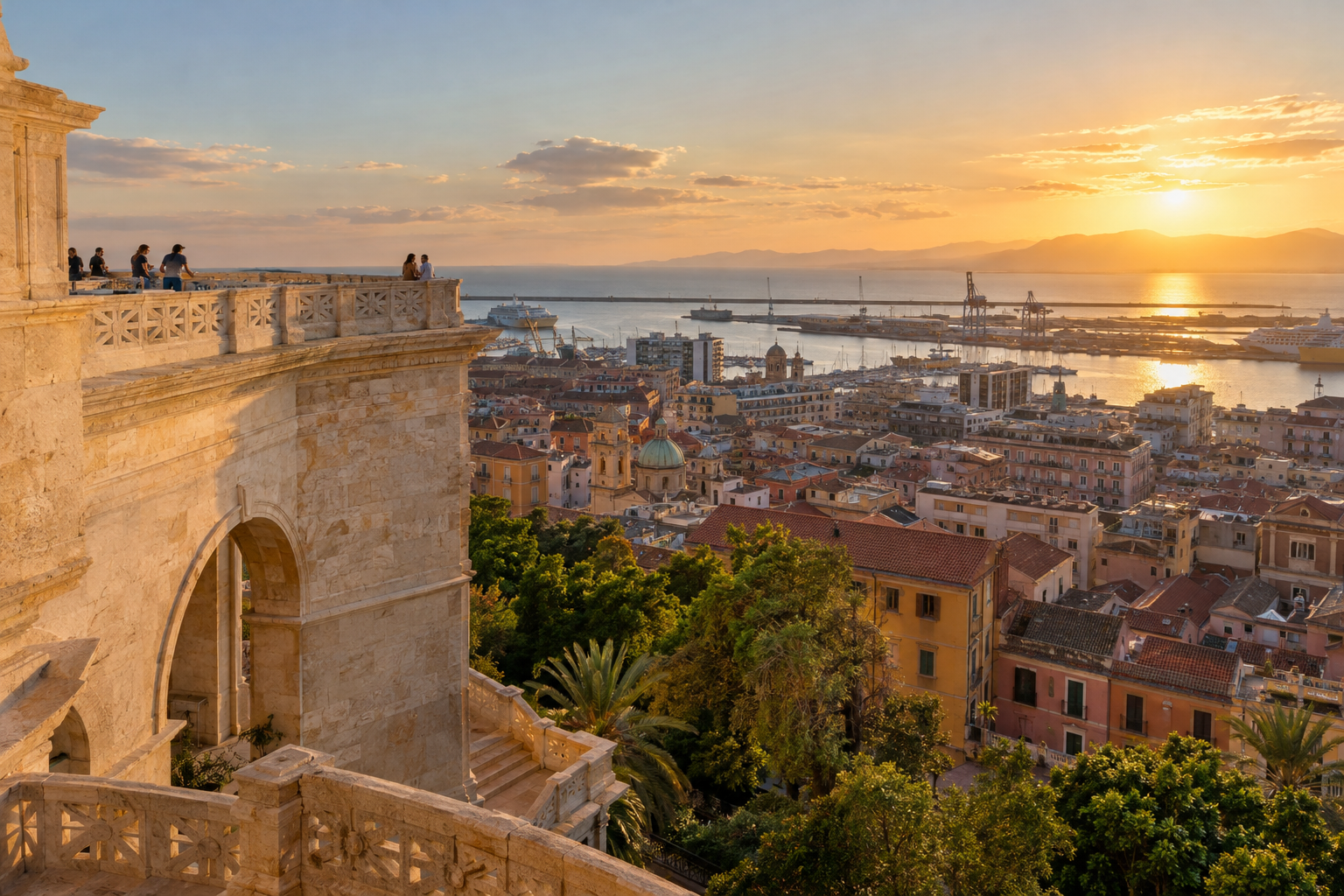 Cagliari harbour and historic rooftops at golden hour from the Bastione di Saint Remy
