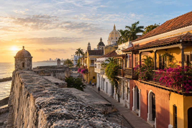 Cartagena city walls and colourful colonial balconies in soft early-morning Caribbean light