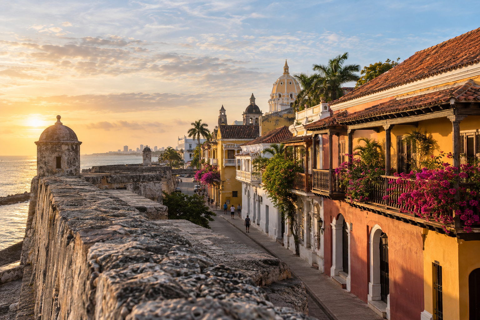 Cartagena city walls and colourful colonial balconies in soft early-morning Caribbean light