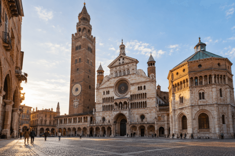 Photorealistic view of Piazza del Comune in Cremona with the Torrazzo, Cathedral and Baptistery in warm morning light