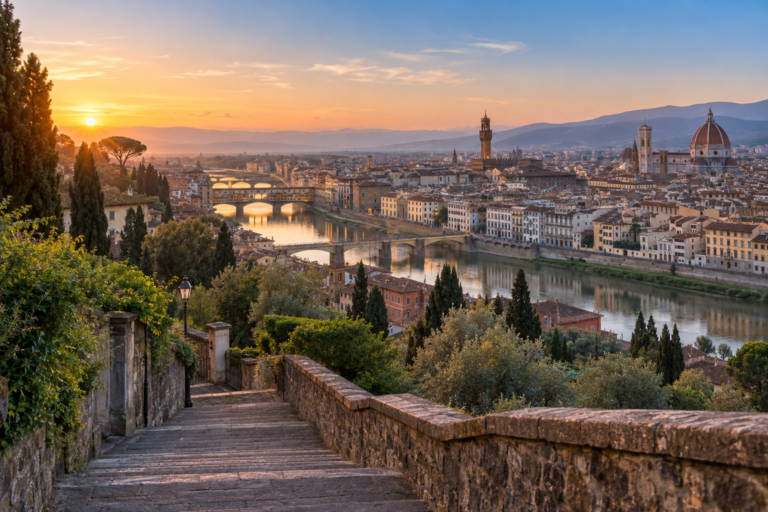 Florence at dawn from the Poggi Ramps, with the Arno bridges, Duomo and Palazzo Vecchio skyline