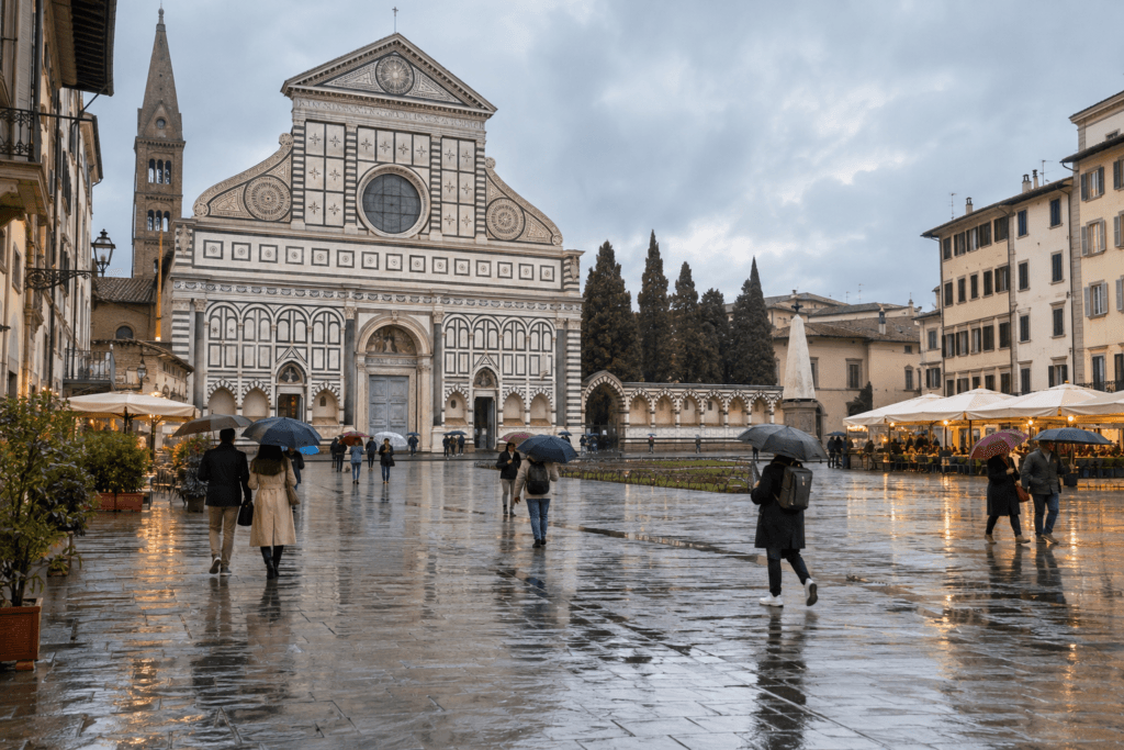 Photorealistic rainy morning in Florence’s Piazza Santa Maria Novella with umbrellas and wet stone reflections