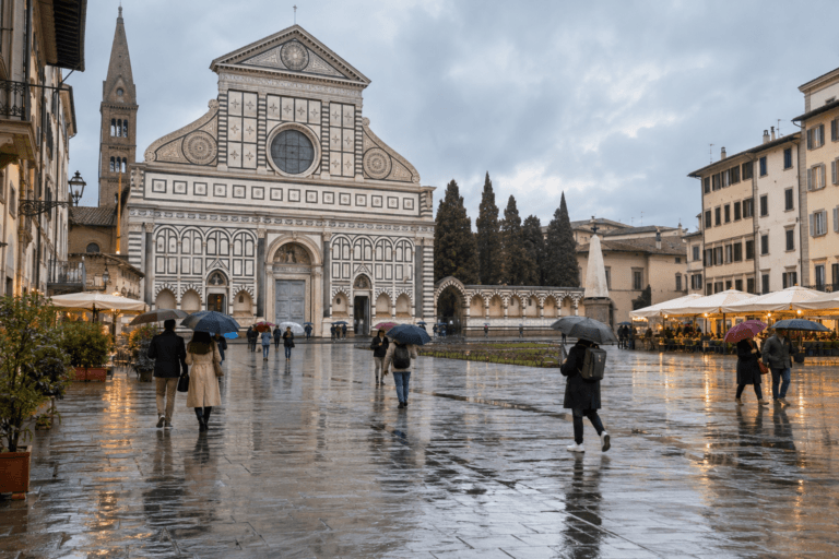 Photorealistic rainy morning in Florence’s Piazza Santa Maria Novella with umbrellas and wet stone reflections
