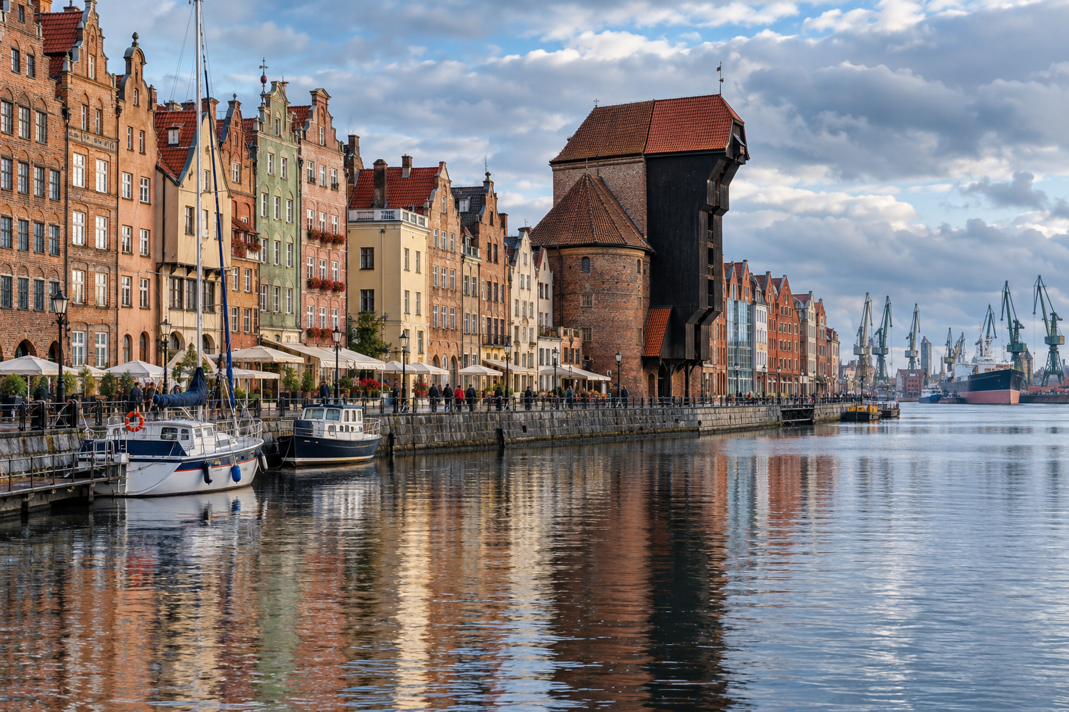 Gdańsk Crane, Hanseatic gabled houses and boats reflected in the Motława on a cool Baltic morning