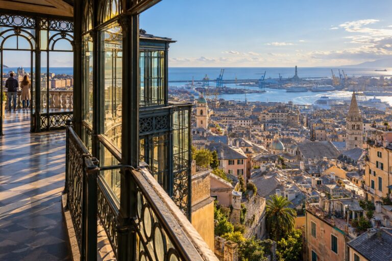 Genoa rooftops and harbour seen from the Art Nouveau Castelletto public lift loggia