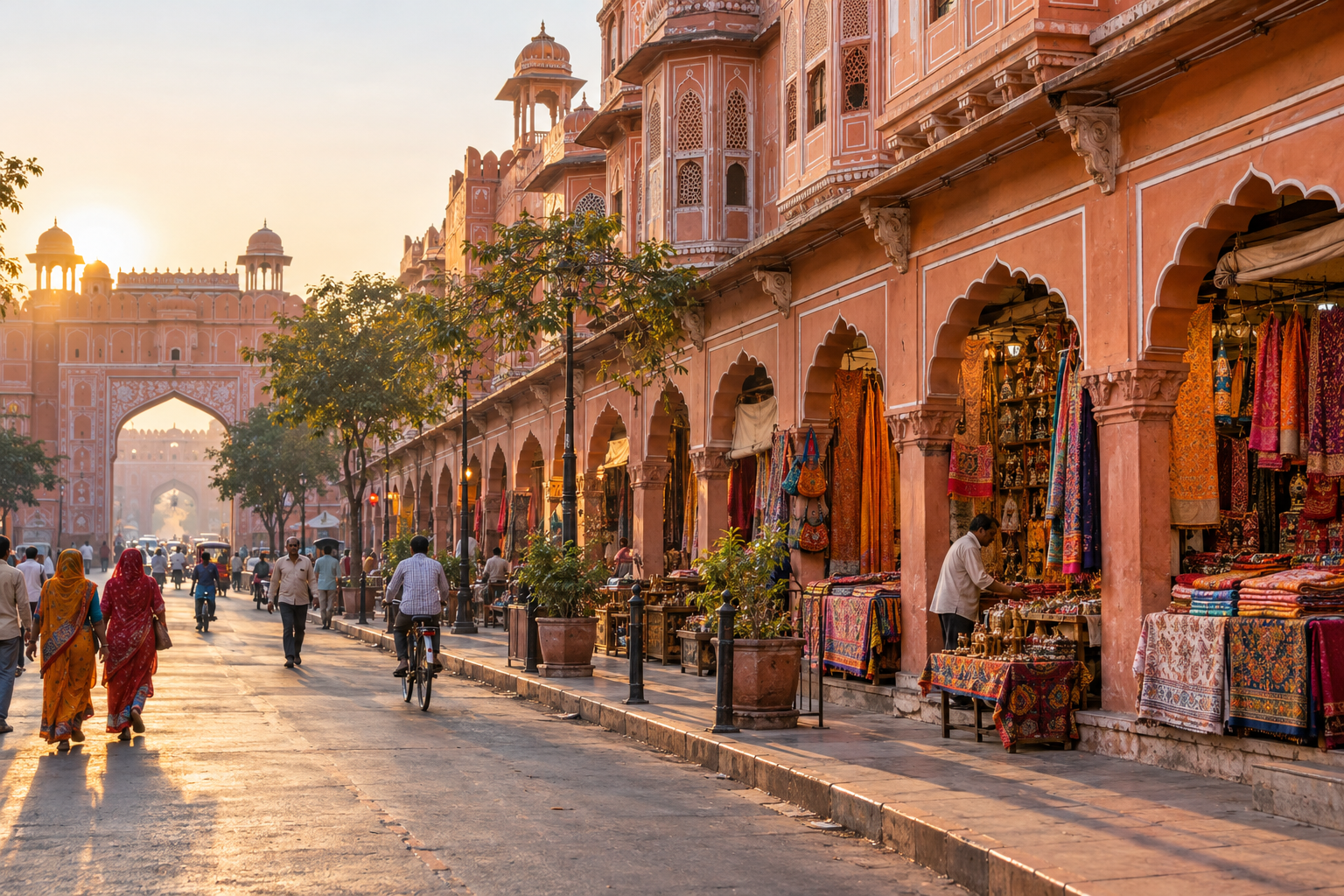 Jaipur Pink City bazaar with terracotta arcades and colourful textiles in soft morning light