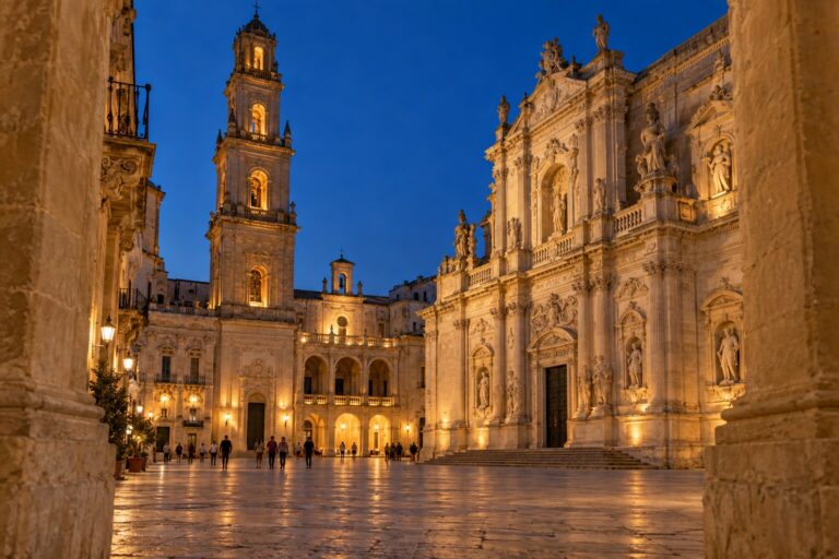 Illuminated Baroque façades and bell tower in Lecce’s Piazza Duomo at blue hour