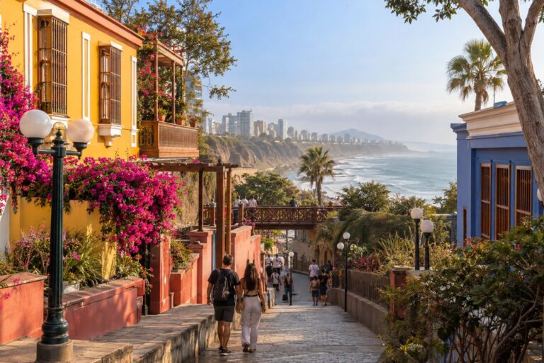 Walkers descending through colourful Barranco toward Lima’s Pacific cliffs and Miraflores skyline