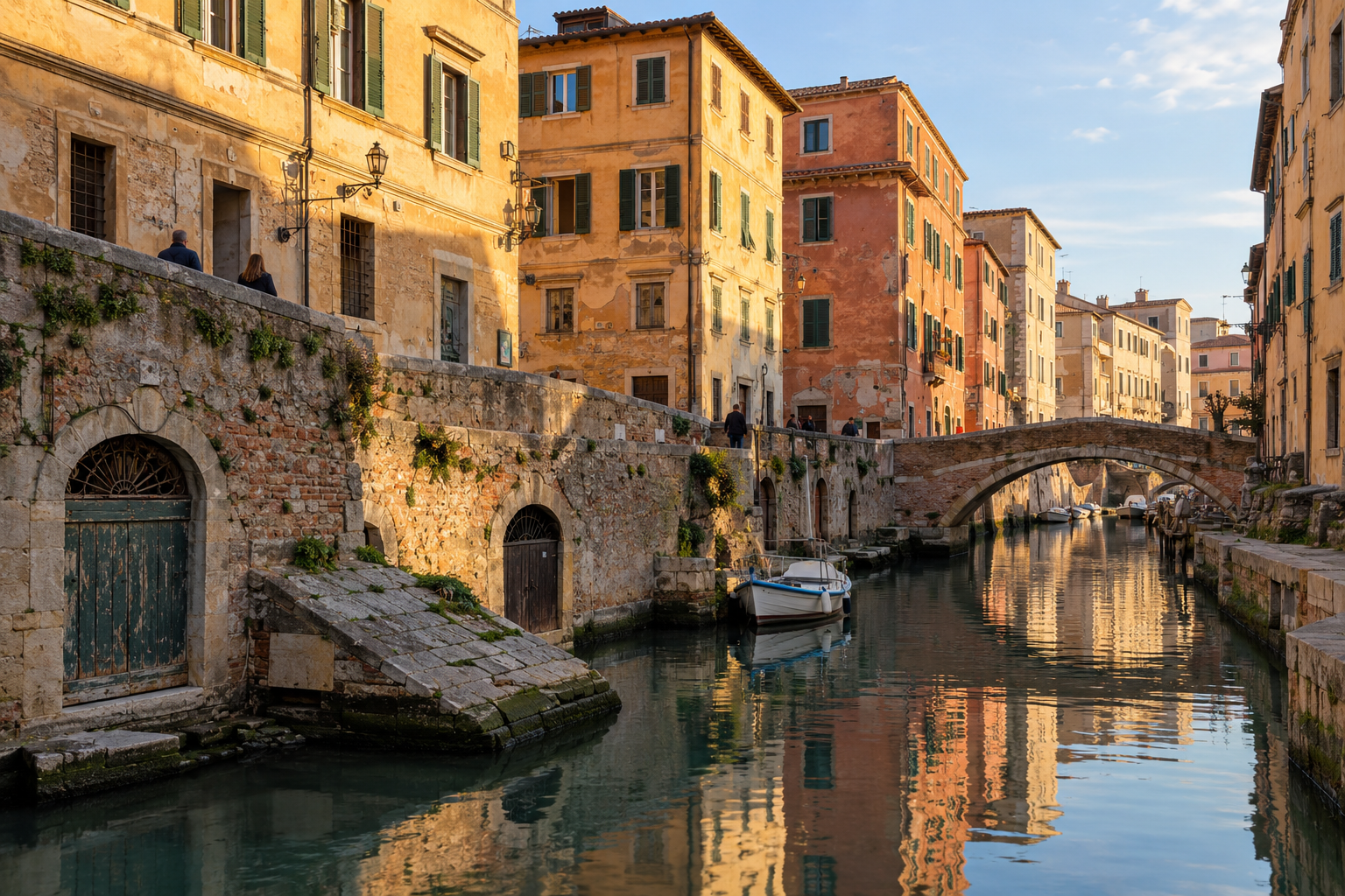 Photorealistic golden-hour view of the canals, bridges and merchant buildings in Livorno’s Venezia Nuova district