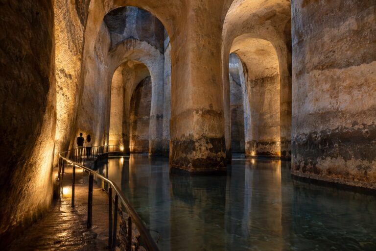 Rock-cut rainwater cistern with reflective water and walkway beneath Matera
