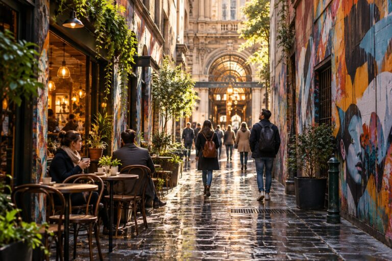 Laneway di Melbourne con street art colorata, tavolini e ingresso di un'arcade storica