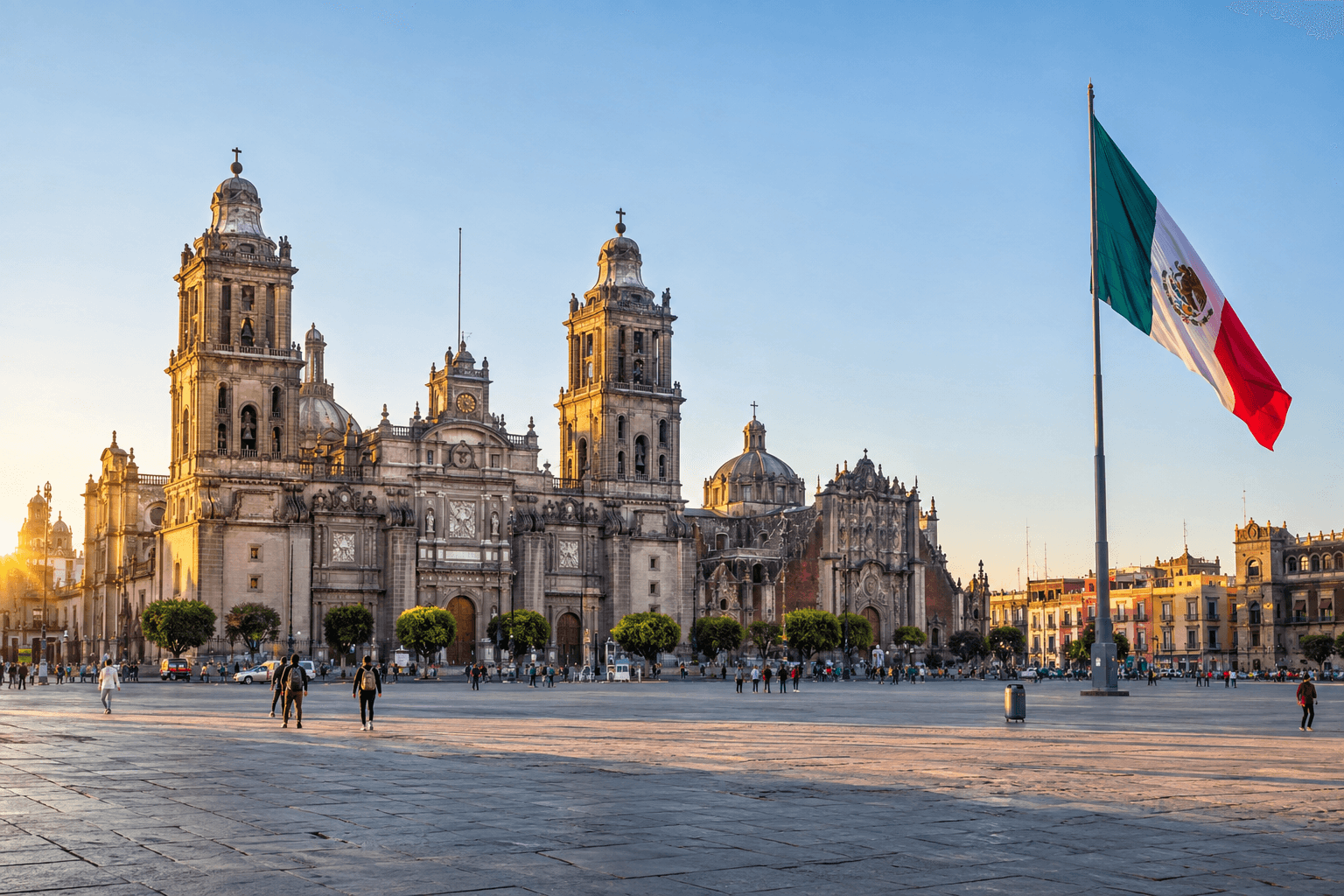 Photorealistic sunrise view of Mexico City's Zócalo, Metropolitan Cathedral and Mexican flag