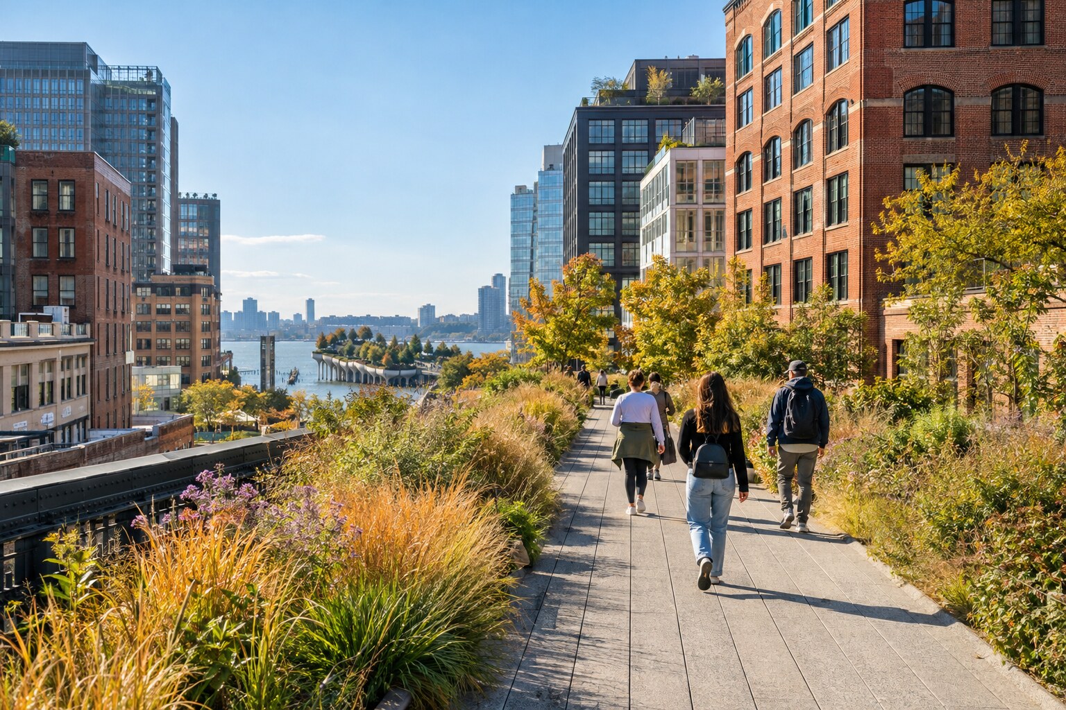 Travellers walking south on the High Line toward Little Island and the Hudson River in autumn