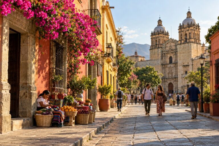 Via colorata di Oaxaca con bouganville, cesti del mercato e Santo Domingo nella luce del mattino