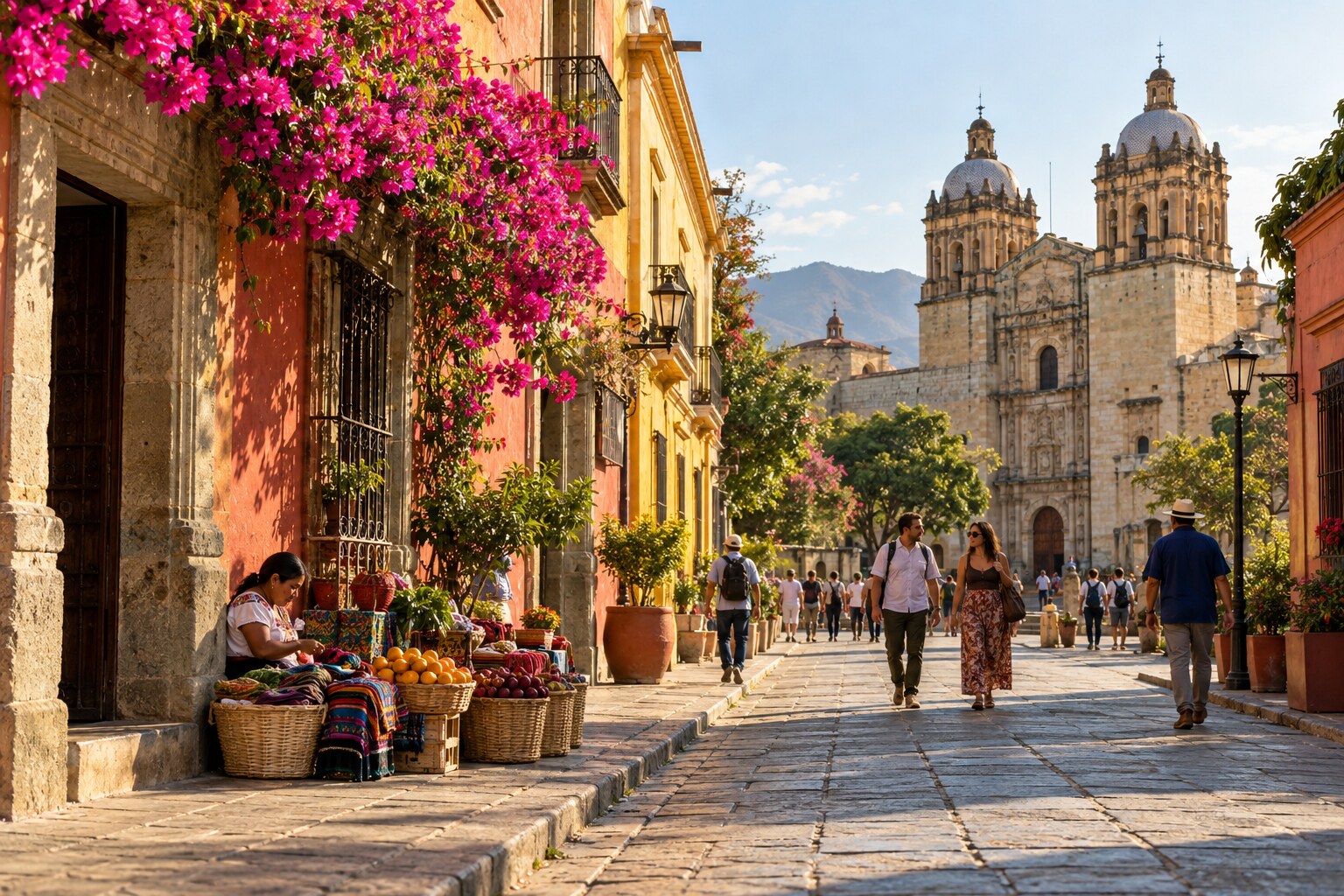 Via colorata di Oaxaca con bouganville, cesti del mercato e Santo Domingo nella luce del mattino