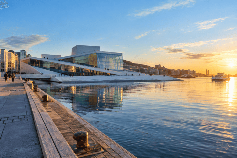 Photorealistic sunrise view of Oslo Opera House, harbour promenade and fjord